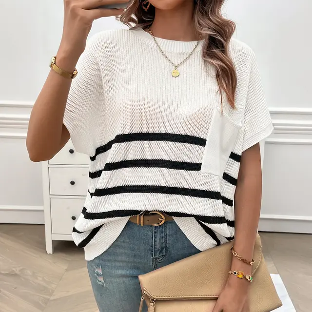 Women's Temperament Leisure Commute Style Printed Striped Pocket Sweater With Short Sleeves White - Shop at LoveMi