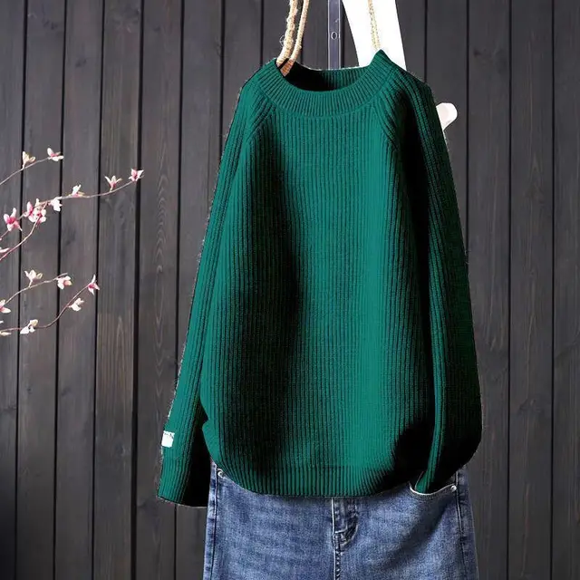 Simple Artistic Loose Pullover Women's Long sleeved Sweater Dark Green - Shop at LoveMi
