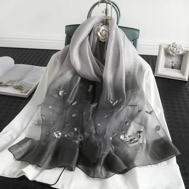 Women's Wool Silk Embroidery Gradient Scarf Sunscreen Shawl Black - Shop at LoveMi