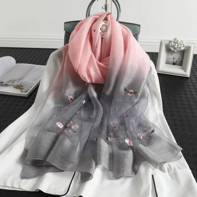 Women's Wool Silk Embroidery Gradient Scarf Sunscreen Shawl Gray - Shop at LoveMi