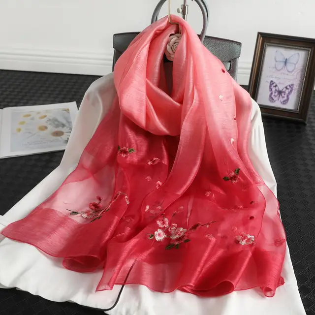 Women's Wool Silk Embroidery Gradient Scarf Sunscreen Shawl Red - Shop at LoveMi