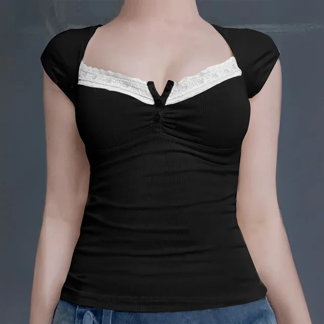 Y2g Lace Stitching Square Collar Knitted T shirt Sweet Hot Girl Slim Short sleeved Tops Black - Shop at LoveMi