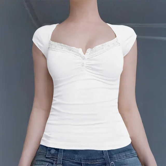 Y2g Lace Stitching Square Collar Knitted T shirt Sweet Slim Short sleeved Tops White - Shop at LoveMi