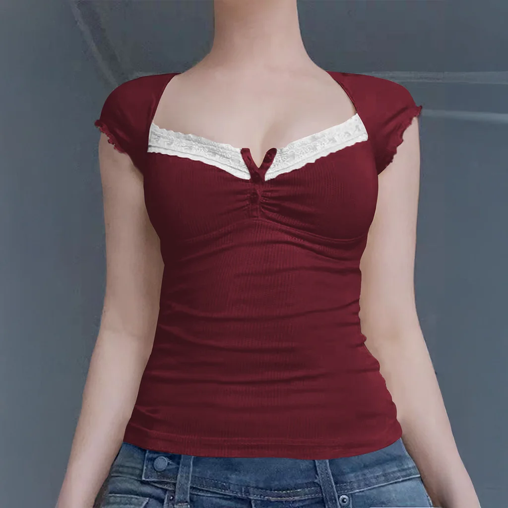 Y2g Lace Stitching Square Collar Knitted T-shirt Sweet Slim Short-sleeved Tops - Wine Red