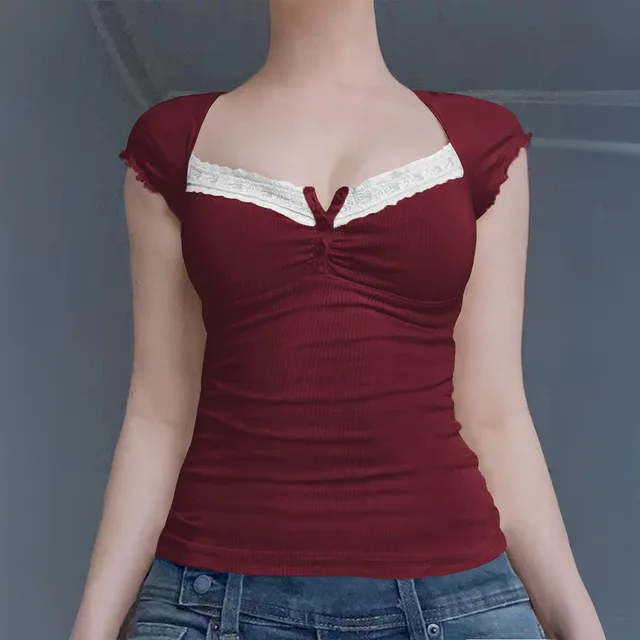 Y2g Lace Stitching Square Collar Knitted T shirt Sweet Slim Short sleeved Tops Wine Red - Shop at LoveMi
