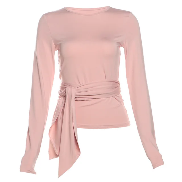 Round Neck Commute Style All match Tight Slimming Long Sleeve Top Pink - Shop at LoveMi