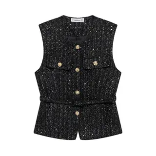 Spring New Casual Belt Vest Women's Clothing With Belt Texture Vest - Black