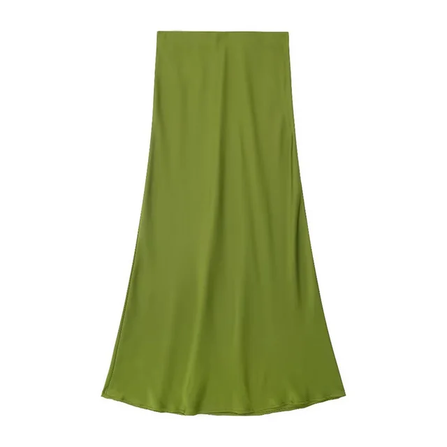 Solid Color Slim Silk Satin Texture Midi Skirt Army Green - Shop at LoveMi