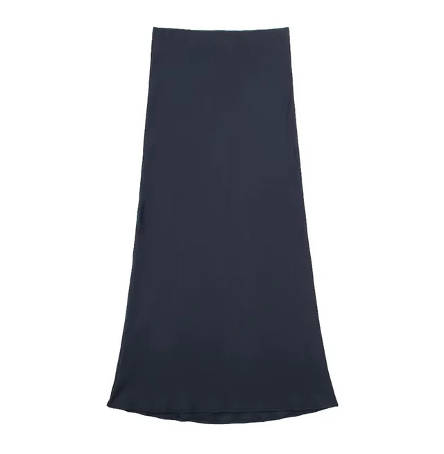 Solid Color Slim Silk Satin Texture Midi Skirt Navy Blue - Shop at LoveMi