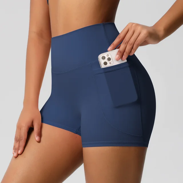 Brushed Solid Color Pocket High Waist Tight High Elastic Yoga Shorts Badge Blue - Shop at LoveMi