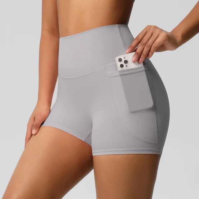 Brushed Solid Color Pocket High Waist Tight High Elastic Yoga Shorts Frost Gray - Shop at LoveMi