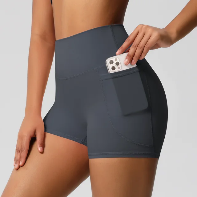 Brushed Solid Color Pocket High Waist Tight High Elastic Yoga Shorts Graphite Gray - Shop at LoveMi