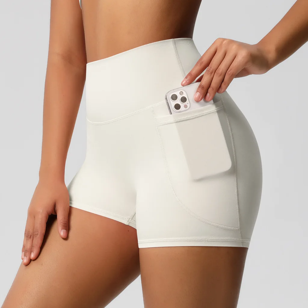 Brushed Solid Color Pocket High Waist Tight High Elastic Yoga Shorts - Light Ivory - View 1