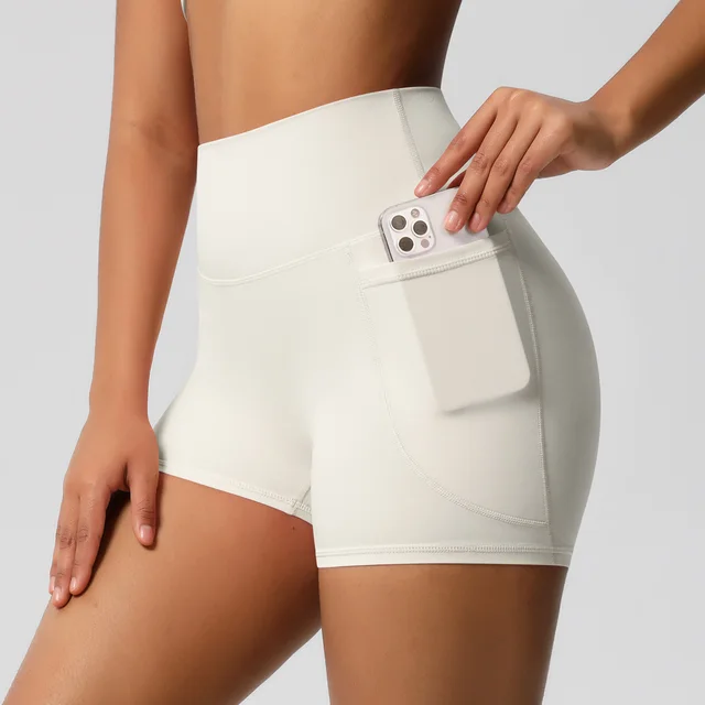 Brushed Solid Color Pocket High Waist Tight High Elastic Yoga Shorts Light Ivory - Shop at LoveMi