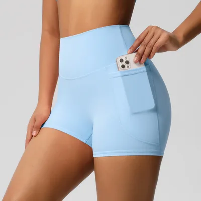 Brushed Solid Color Pocket High Waist Tight High Elastic Yoga Shorts Sky Blue - Shop at LoveMi