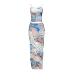 Design Lace Printed Sling Slim Fit High Waist Slit Skirt Suit - Blue
