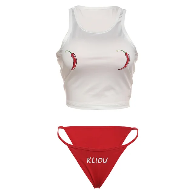 Sexy Slim Fit Round Neck Midriff baring Vest Printed Low Waist Briefs Suit White - Shop at LoveMi