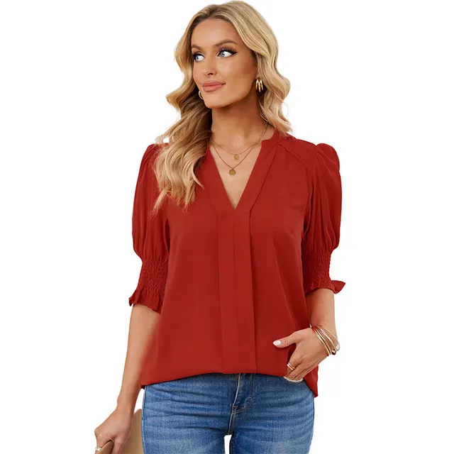 Shiying New V neck Half Sleeve Shirt For Women Lc25118649 Red - Shop at LoveMi