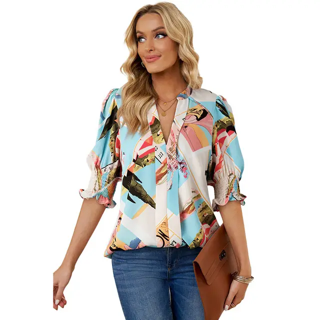 Shiying New V neck Half Sleeve Shirt For Women Lc251186492022 - Shop at LoveMi