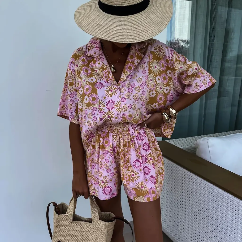 Female Suit Collar Short-sleeved Shorts Two-piece Suit Fashion Printed Casual - Pink