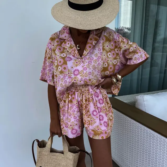 Female Suit Collar Short sleeved Shorts Two piece Suit Fashion Printed Casual Pink - Shop at LoveMi