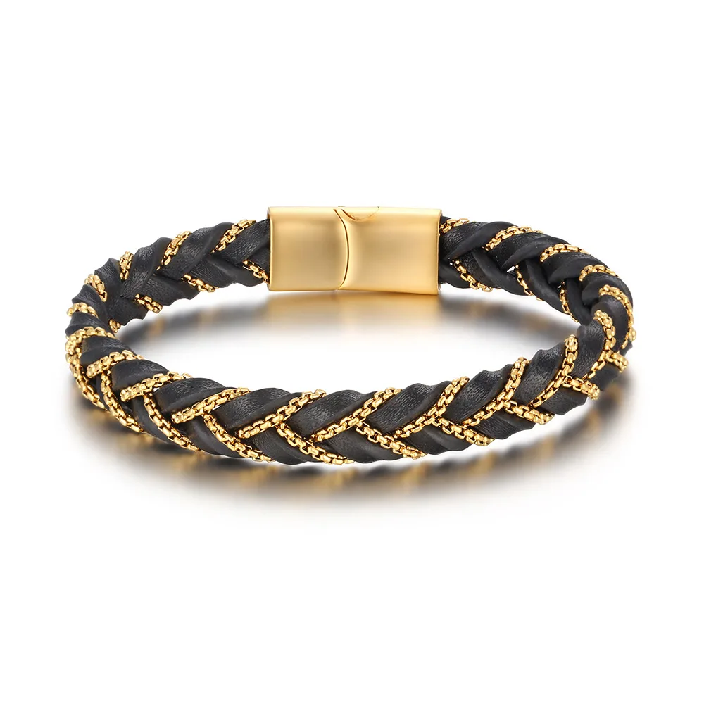 Men's Stainless Steel Ring Bracelet Simple Woven Leather Bracelet - Gold About 21Cm