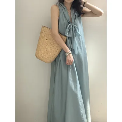 French Tencel Ribbon Halter Dress Female Season Loose Temperament Peacock Blue - Shop at LoveMi