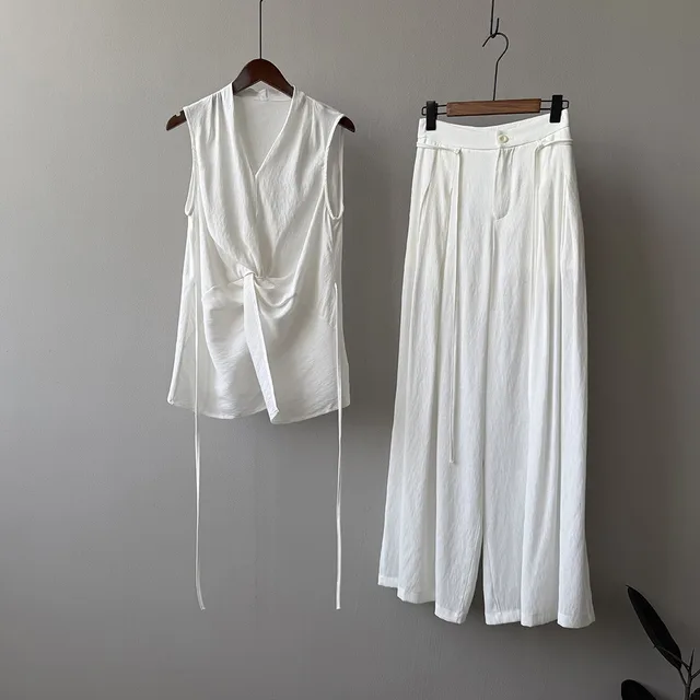 Design Twist Sleeveless Shirt Outfit Temperament Top Wide leg Draggle tail Trousers White - Shop at LoveMi