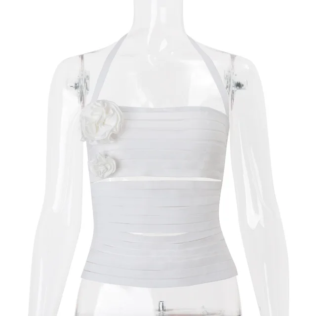 Three dimensional Flower Cutout Halterneck Vest Women White - Shop at LoveMi