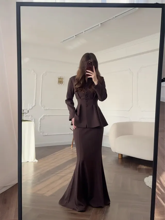 Retro Solid Color Long sleeved Top High Waist Mid length Dress Set Dark Brown - Shop at LoveMi