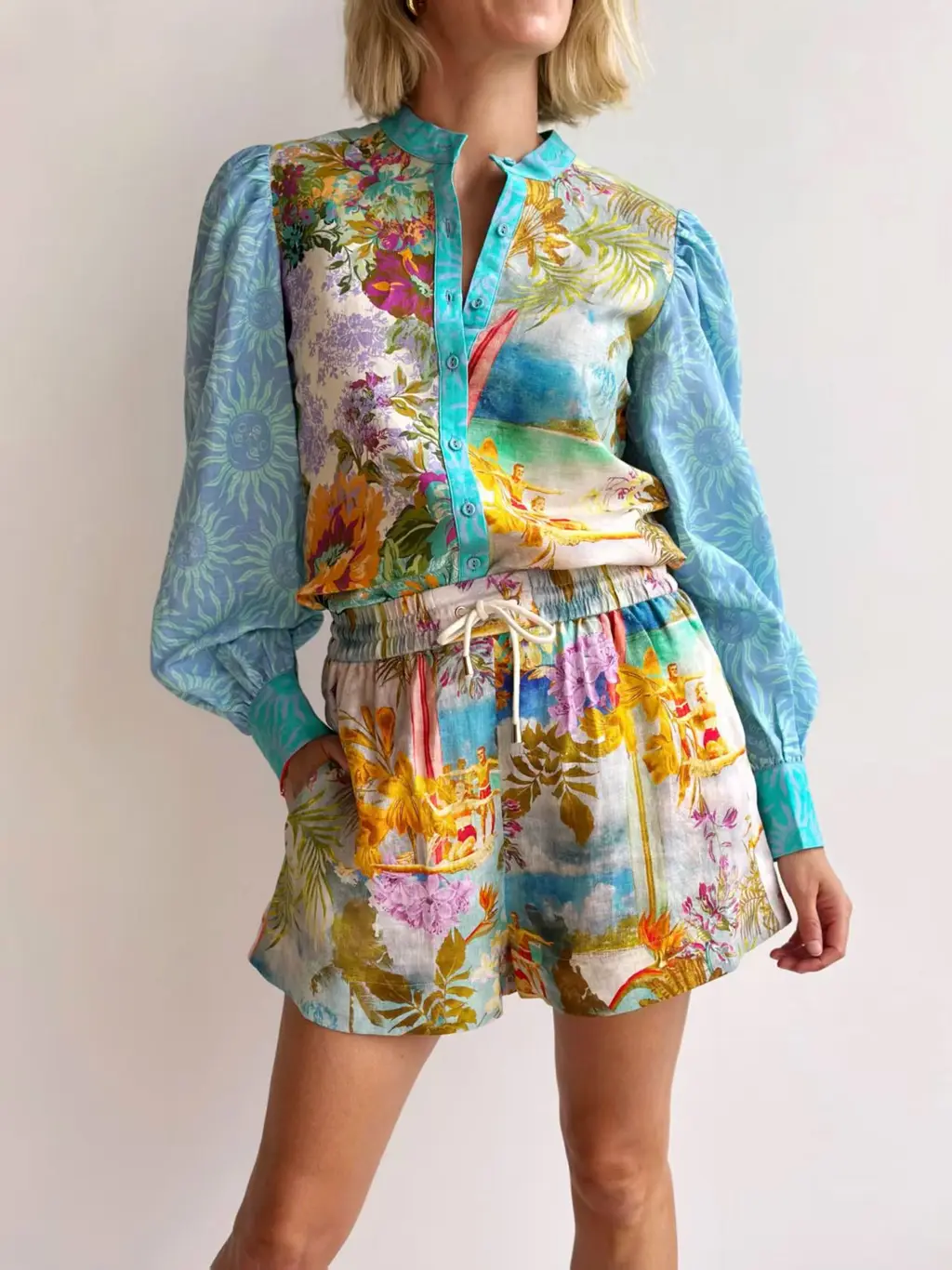 Casual Long Linen Sleeves Shirt Shorts Suit - Color