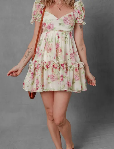 White Vibrant Floral Bubble Sleeve Sweetheart Neck Ruffle Mini Dress White - Shop at LoveMi