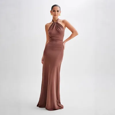 Ins Bodycon Halter Dress Sexy Backless Slim Fit Waist Slimming Maxi Dresses Prom Party Club Clothing For Women Light Brown - Shop at LoveMi