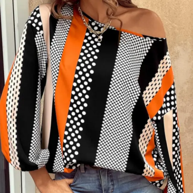 Orange Polka Dot Vertical Striped Printed Puff Sleeve Blouse Orange - Shop at LoveMi