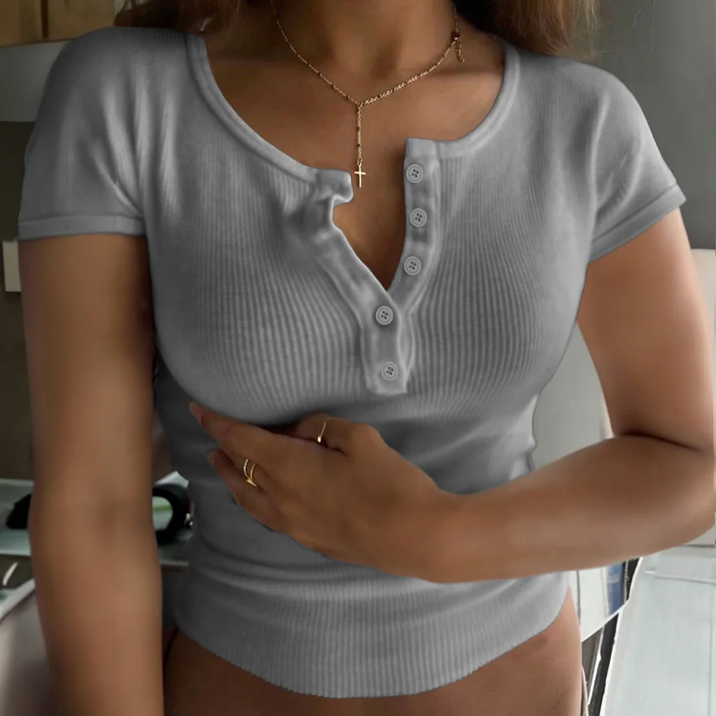 Y2g Sexy Buttons V-neck Short-sleeved Top T-shirt - Gray