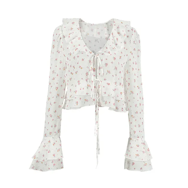 Women's Chiffon Printed Slim fit Flared Sleeves Tied Lotus Leaf Shirt Printing - Shop at LoveMi