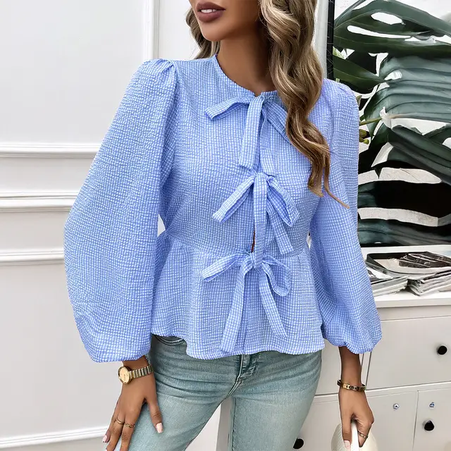 Elegant Design Contrast Color Tied Long Sleeves Shirt Blue - Shop at LoveMi