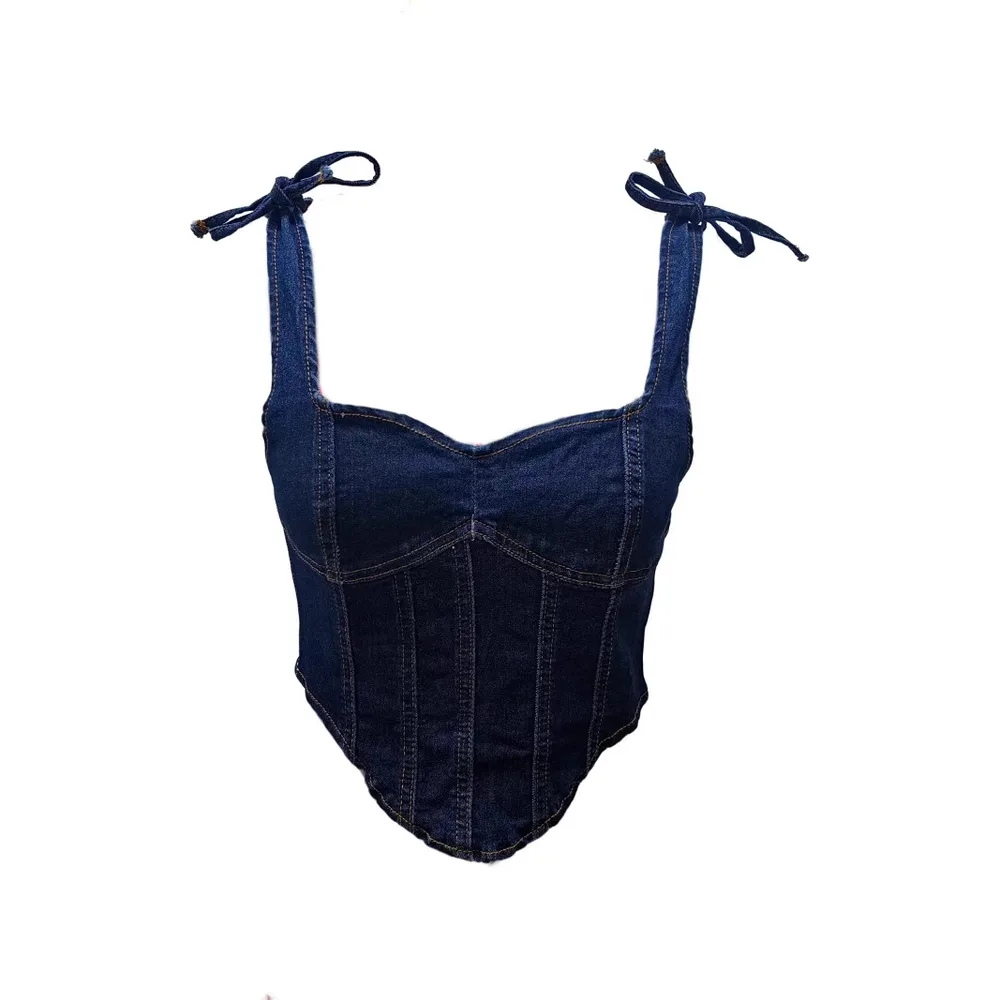 Women's Retro Denim Blue Hollow Strap Vest - Blue - View 1