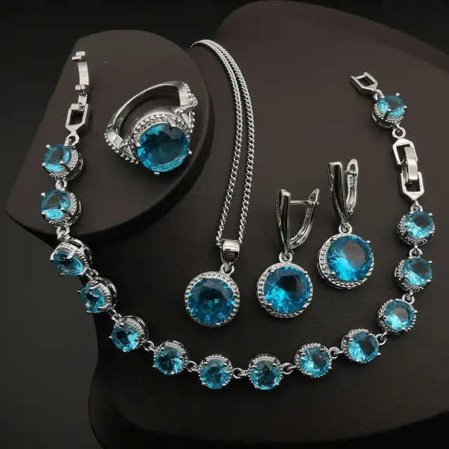 European And American Style Jewelry Round Diamond Set Sky Blue - Shop at LoveMi