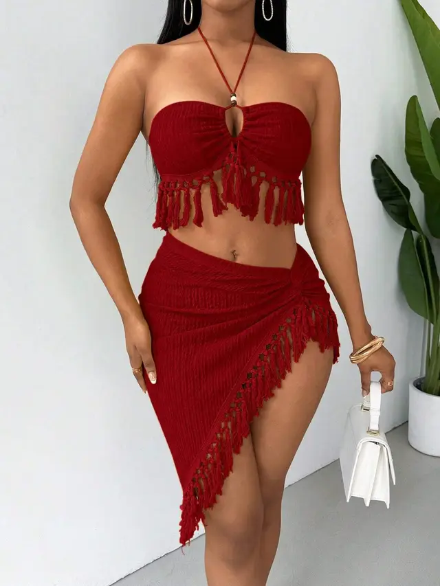 Halter Bikini With Skirt Sexy Tassel Swimsuit Wine Red - Shop at LoveMi