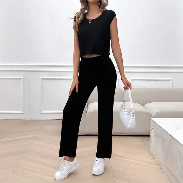 Casual Slim fit Solid Color Woolen Sleeveless Bm Top Cropped Pants Set Black - Shop at LoveMi