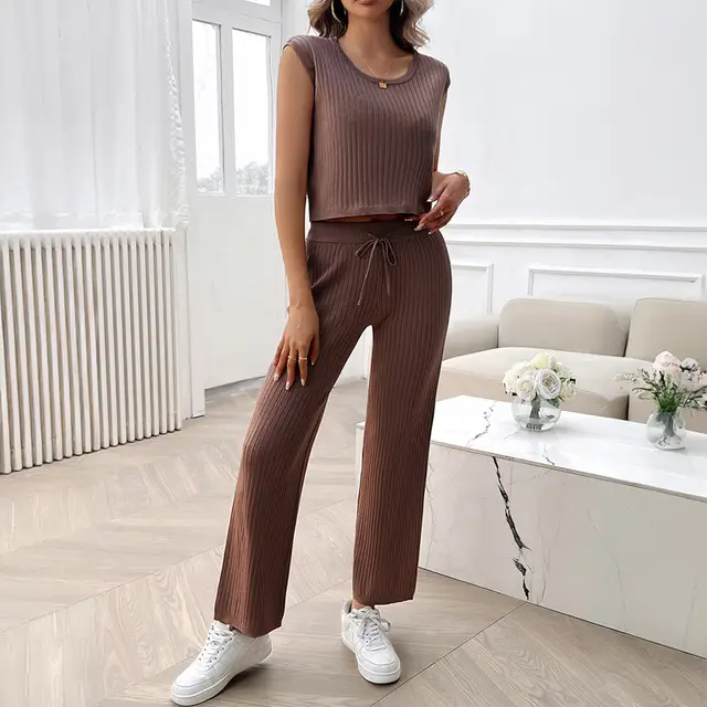 Casual Slim fit Solid Color Woolen Sleeveless Bm Top Cropped Pants Set Brown - Shop at LoveMi