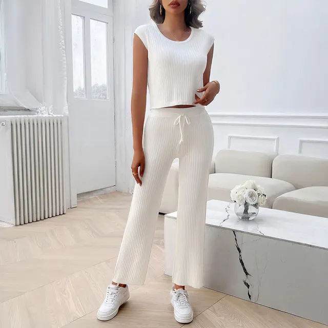 Casual Slim fit Solid Color Woolen Sleeveless Bm Top Cropped Pants Set Ivory White - Shop at LoveMi