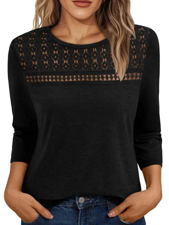 Women's Round Neck Top Lace Hollow Breathable All match Long Sleeve Black - Shop at LoveMi