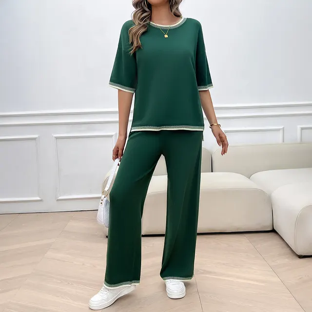 Casual Loose Contrast Color Knitted T shirt Blouse And Pants 2 piece Set Dark Green - Shop at LoveMi