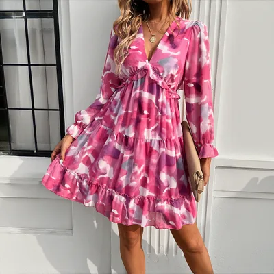 Spring And Summer Vacation Style Printed V neck Long sleeve Dress Rose Red - Shop at LoveMi