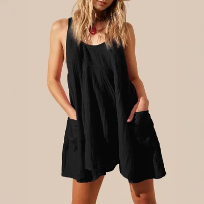 Casual Loose Vacation Style Solid Color Pocket Dress Short Skirt Women's Clothing Black - Shop at LoveMi