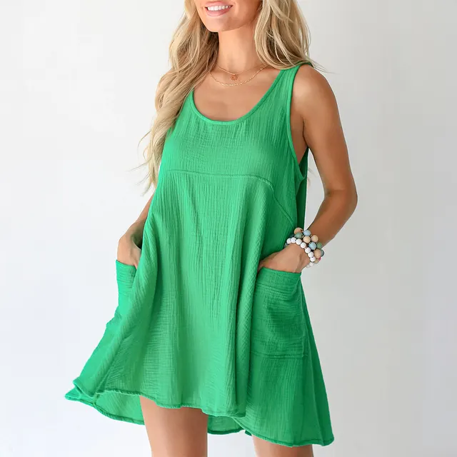 Casual Loose Vacation Style Solid Color Pocket Dress Short Skirt Women's Clothing Green - Shop at LoveMi