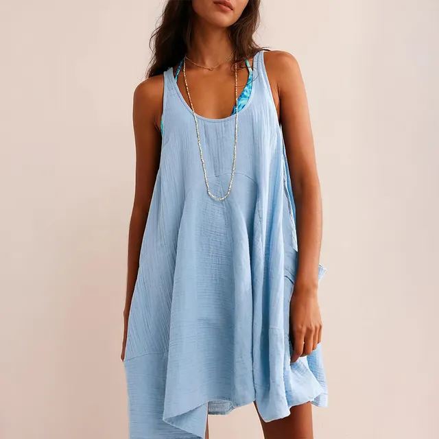Casual Loose Vacation Style Solid Color Pocket Dress Short Skirt Women's Clothing Sky Blue - Shop at LoveMi