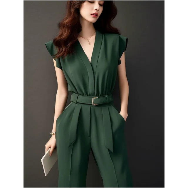 Women's High grade Green Jumpsuit For Spring And Summer Chic Chanel style Green Belt Delivery - Shop at LoveMi